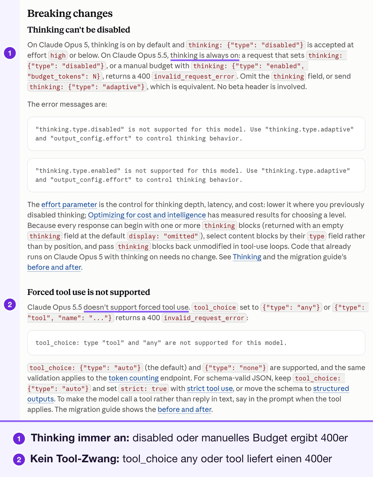 Anthropics Breaking-changes-Abschnitt für Opus 5.5: thinking lässt sich nicht deaktivieren, und tool_choice vom Typ tool oder any liefert einen 400er. Markiert: Thinking ist immer an, und erzwungene Tool-Nutzung wird nicht unterstützt, beides liefert einen 400er, nummeriert 1 und 2 mit Legende darunter.
