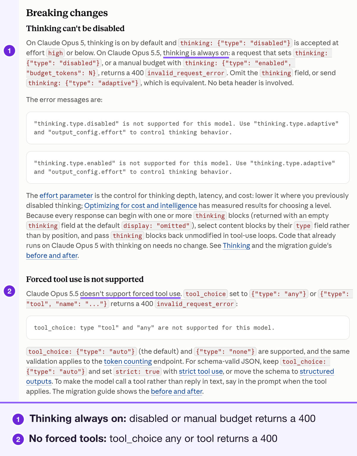 Anthropic's Breaking changes section for Opus 5.5: thinking cannot be disabled, and tool_choice of type tool or any returns a 400. Marked: thinking is always on, and forced tool use is not supported, each returning a 400, numbered 1 and 2 with a legend below.