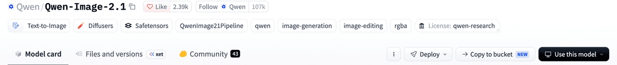 The header of the Qwen-Image-2.1 model page on Hugging Face. The row of tags ends with License: qwen-research.
