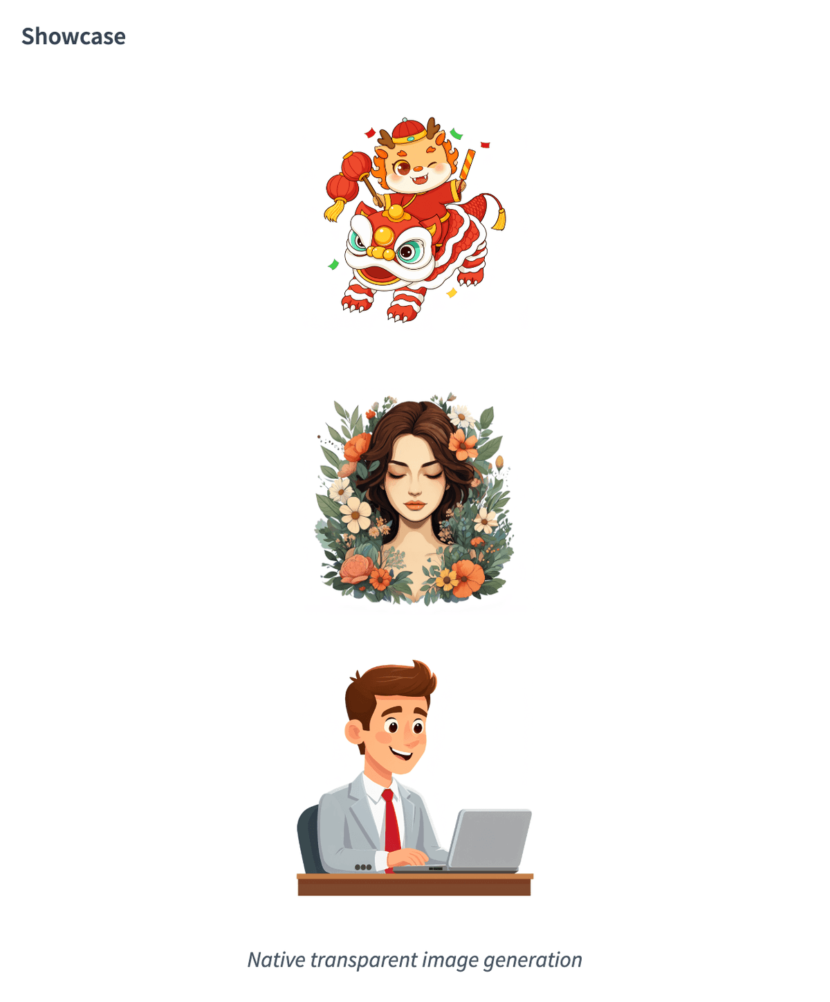 Three illustrations from the Qwen-Image-2.1 showcase, generated with no background: a cartoon dragon, a woman framed by flowers and a businessman at a laptop.