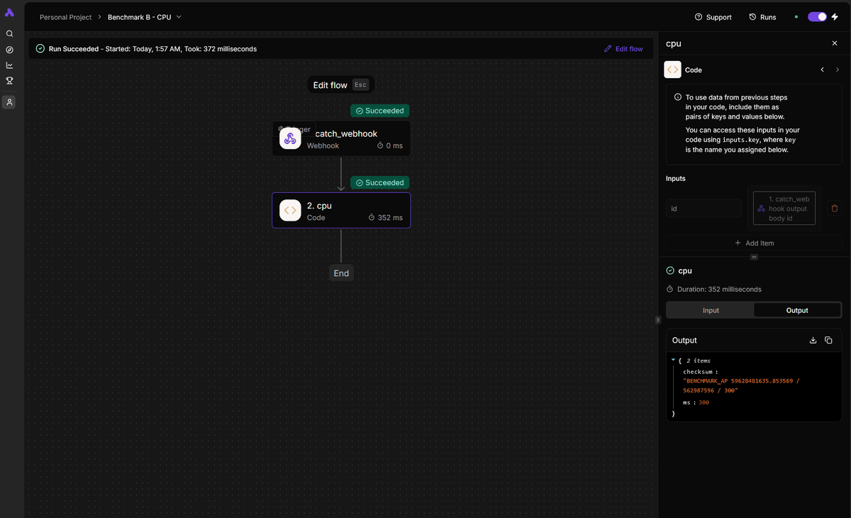 Three numbers for one run: 300 ms inside the code, 352 ms for the step, 372 ms for the whole run.
