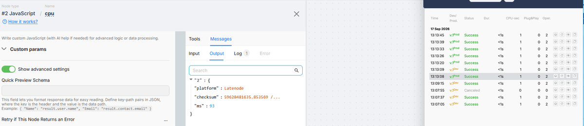 Latenode, 93 ms in code.