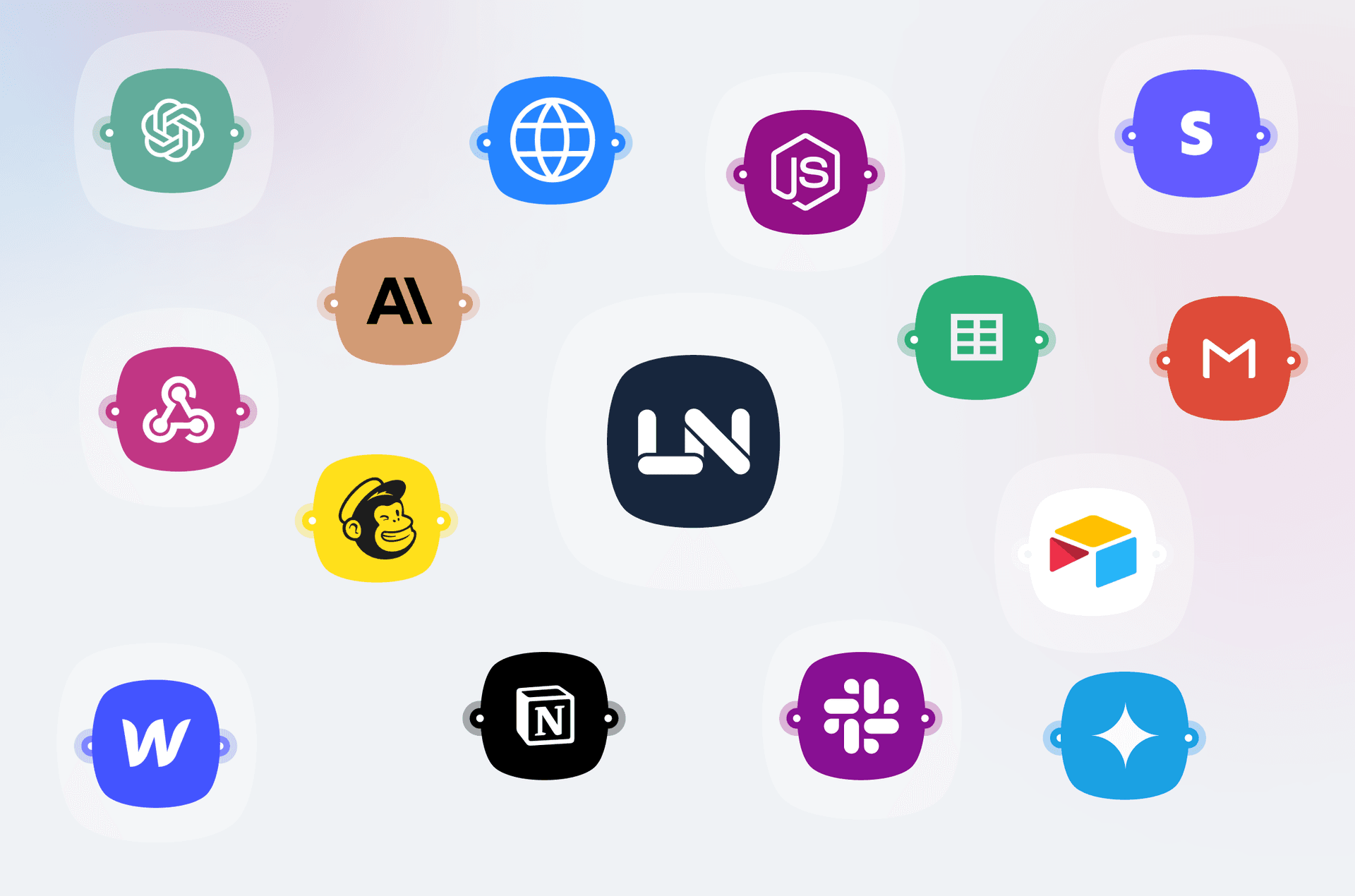 Latenode integration nodes showing connected tools like Google, Slack, HubSpot, Salesforce, and more