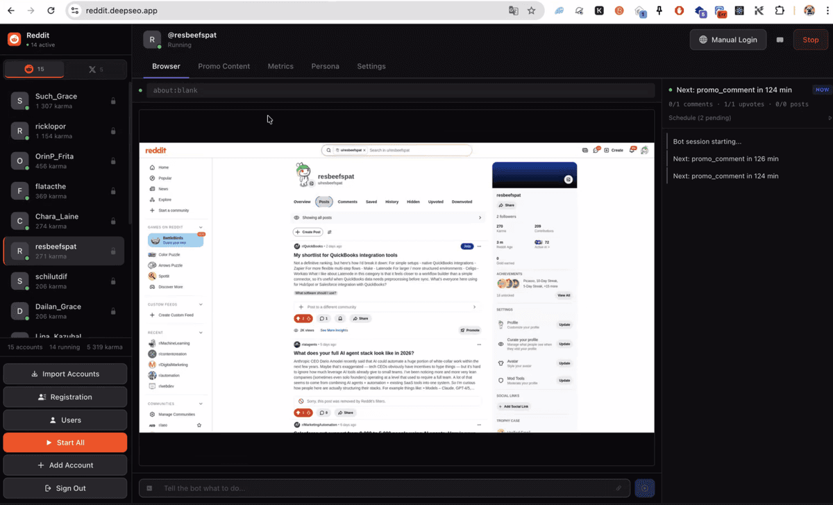 Redditor dashboard showing multi-account management