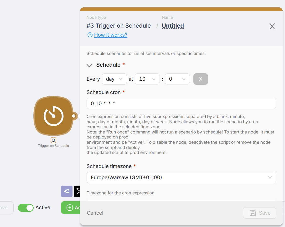 Configuring the Schedule on Trigger node in an automation scenario in Latenode