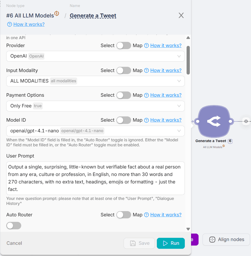 Configuring the AI GPT Router node in an automation scenario in Latenode