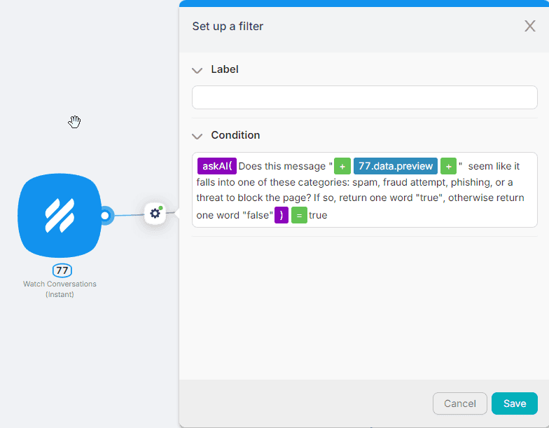 Screenshot of a Latenode filter configuration interface showing spam detection setup. A blue node labeled 