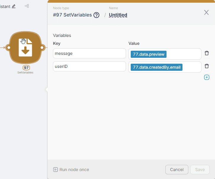 Latenode interface showing SetVariables node #97 configuration with two fields: 