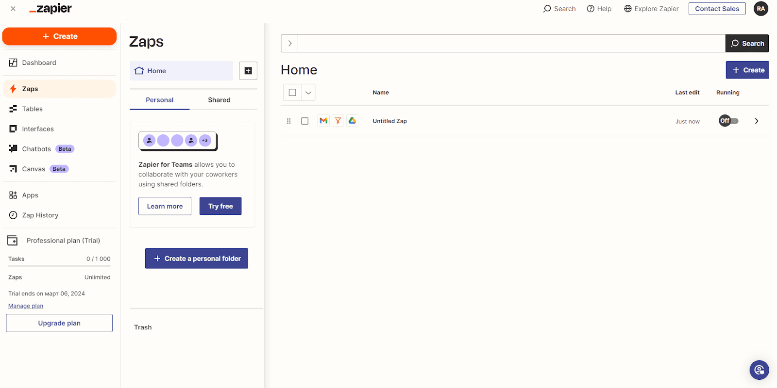 Página principal do Zapier