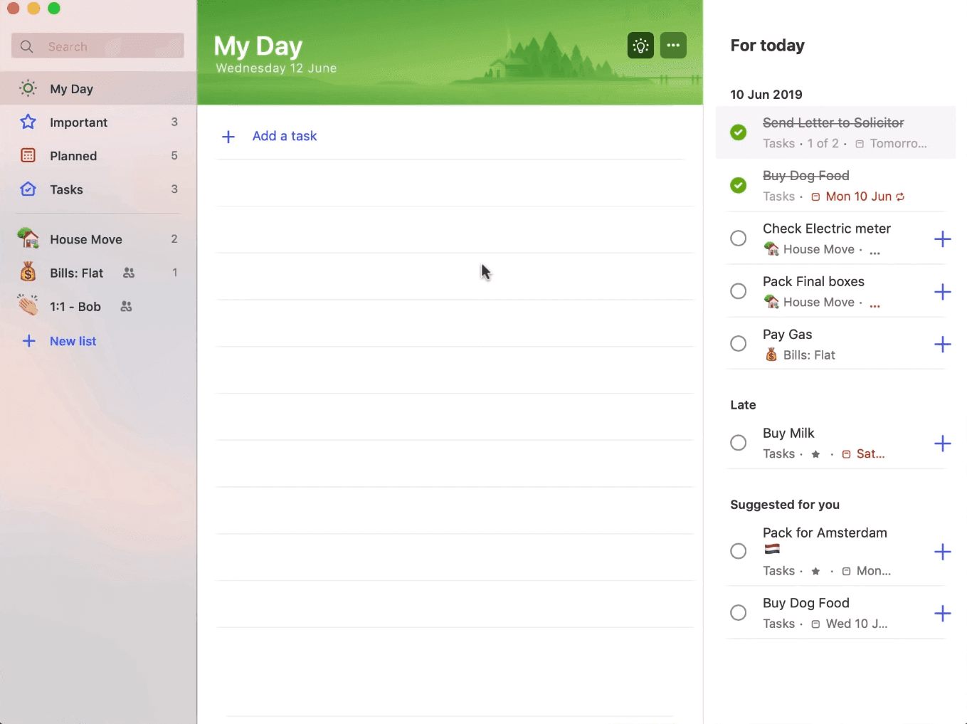 Página inicial do aplicativo de lista de tarefas Microsoft To Do