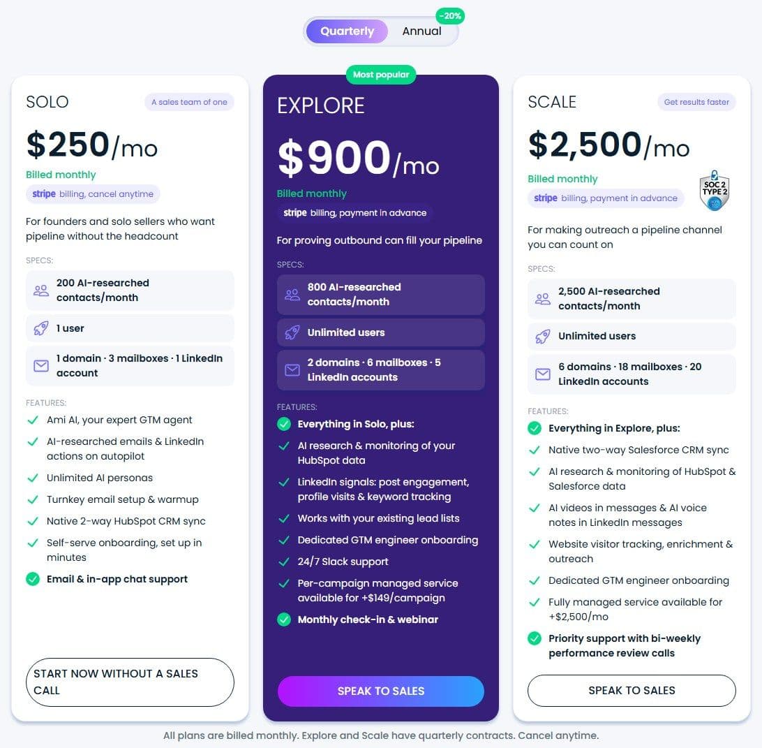 AiSDR pricing page in September 2026: Solo, Explore and Scale plans with contacts, users and mailboxes per plan