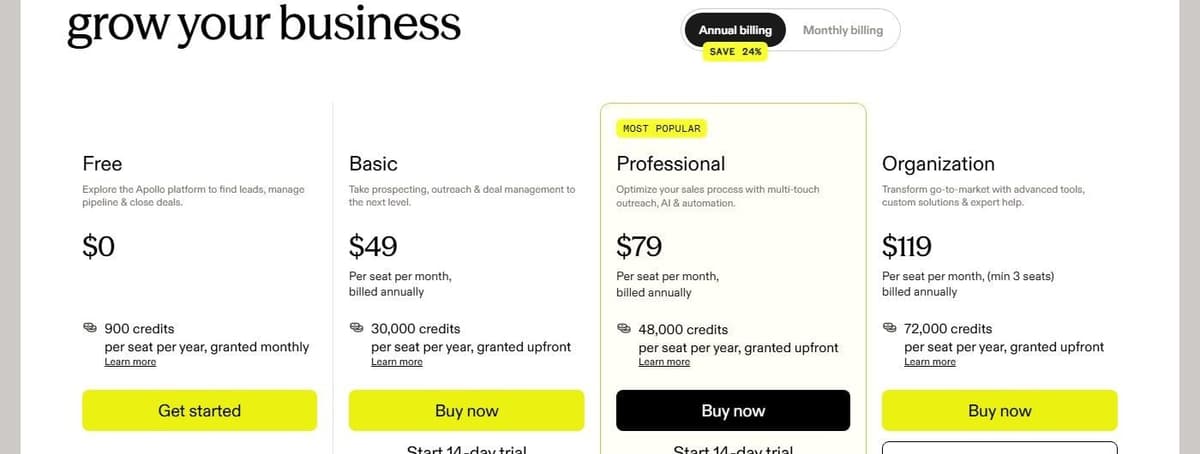 Apollo pricing page in September 2026: Free, Basic $49, Professional $79 and Organization $119 per seat a month billed annually