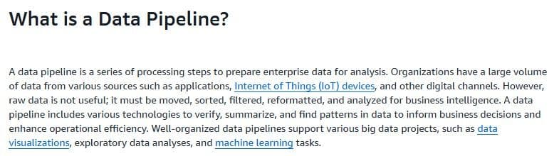 AWS page explaining what a data pipeline is, October 2026