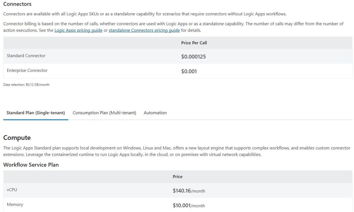 Azure Logic Apps pricing page in September 2026: connector prices per call and Standard plan compute prices for West US 2 in USD