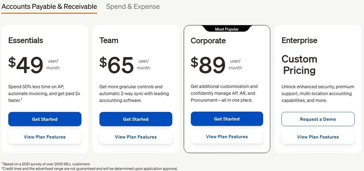 BILL pricing page in September 2026: Essentials, Team, Corporate and Enterprise plans priced per user per month