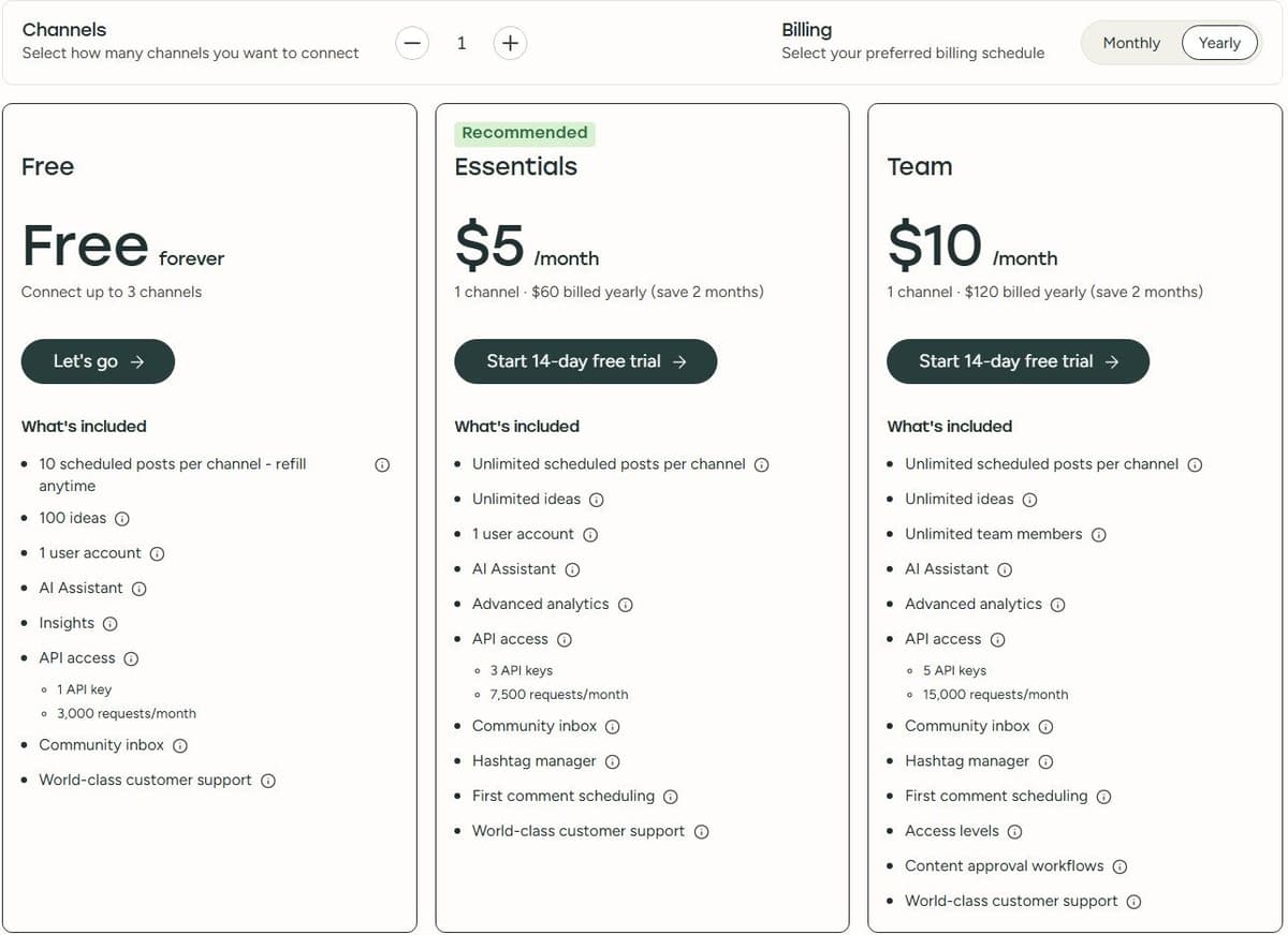 Buffer pricing page in September 2026: Free, Essentials and Team plans priced per channel