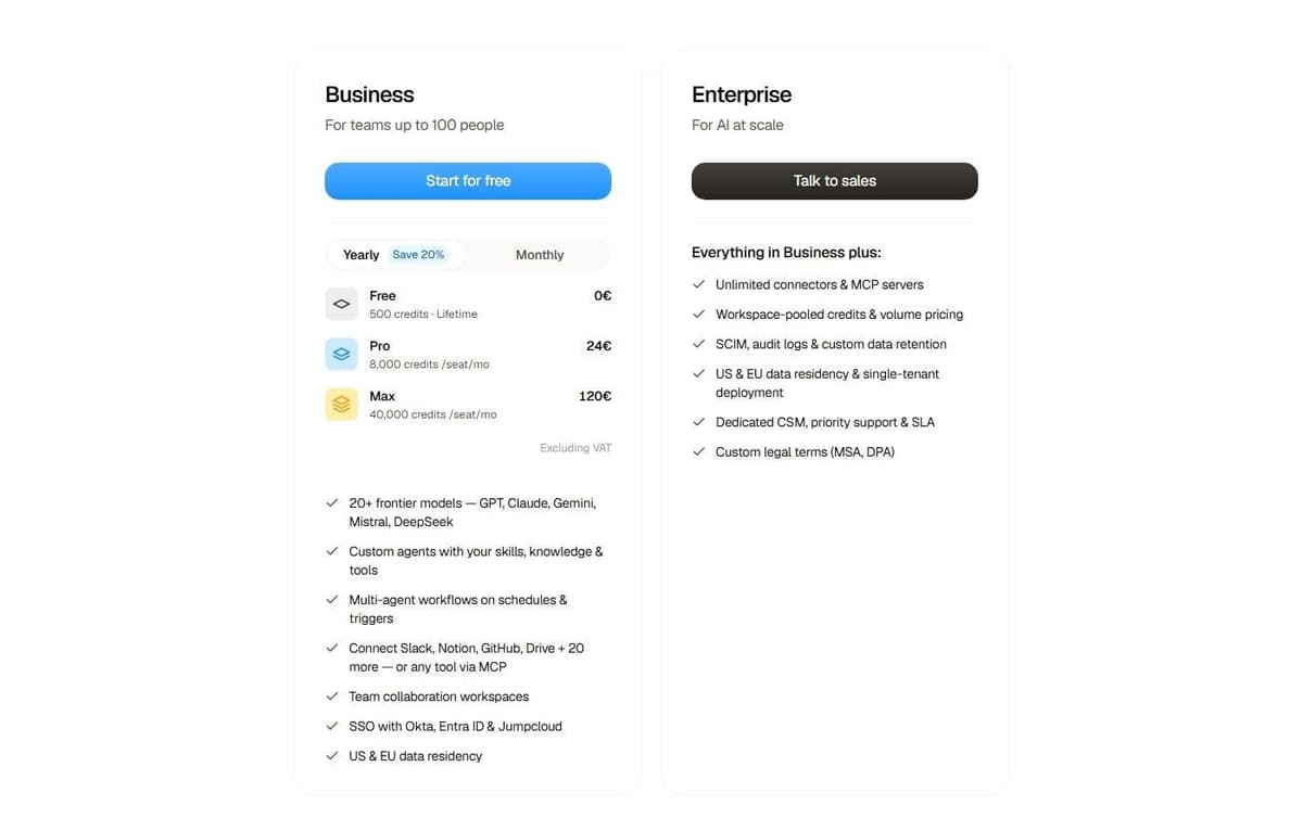 Dust pricing page: Free with 500 lifetime credits, Pro 24 euros and Max 120 euros per seat a month, Enterprise via sales