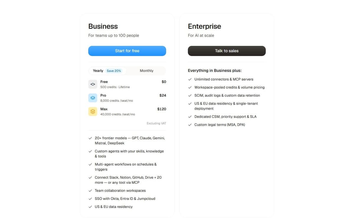Dust pricing page in October 2026: Free with 500 lifetime credits, Pro $24 and Max $120 per seat a month billed yearly, Enterprise via sales