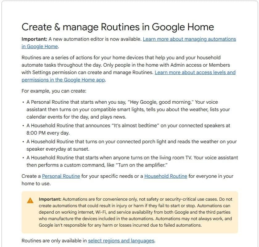 Google Home help page on creating and managing Routines