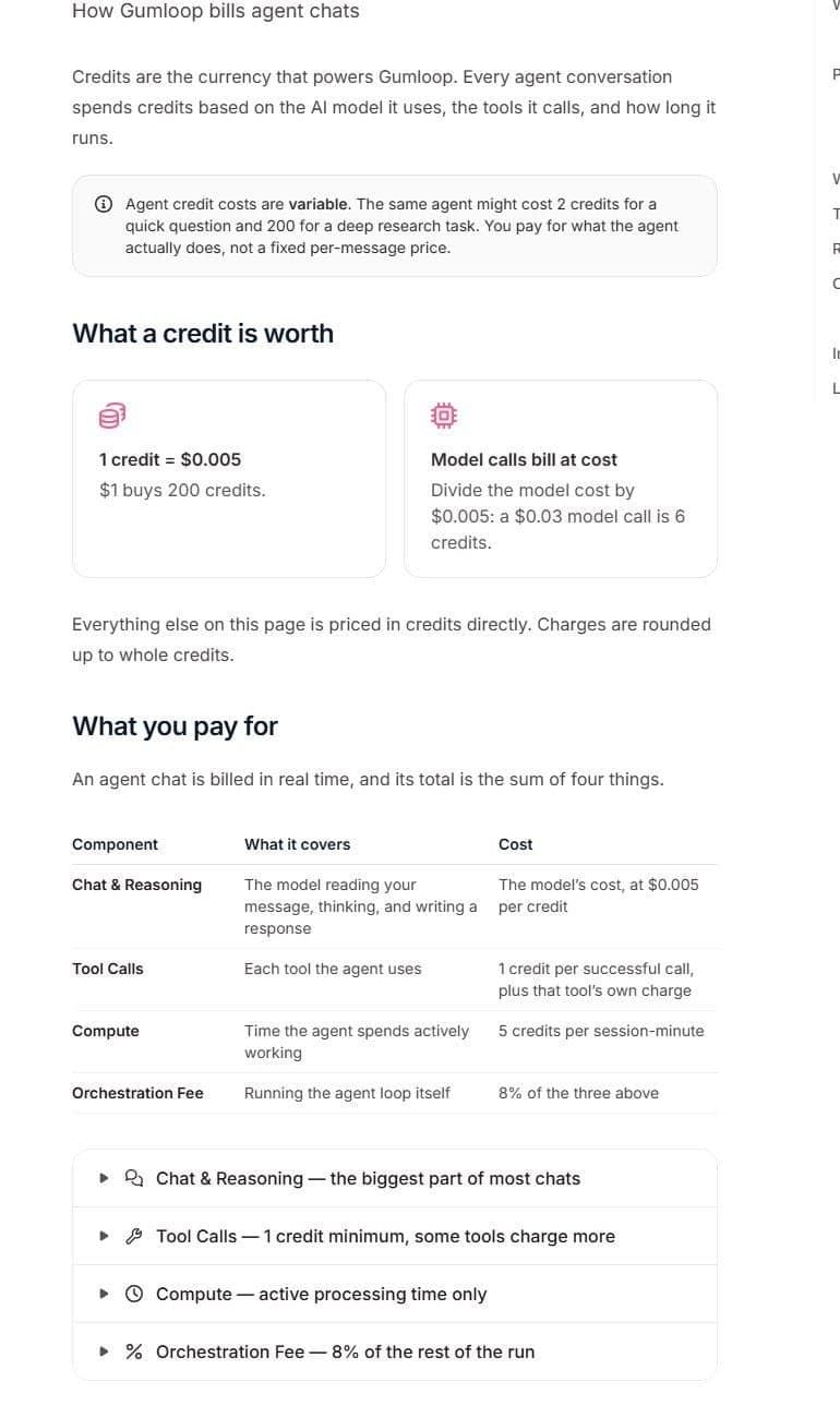 Gumloop credits documentation: 1 credit is $0.005, tool calls 1 credit, compute 5 credits per minute, 8% orchestration fee