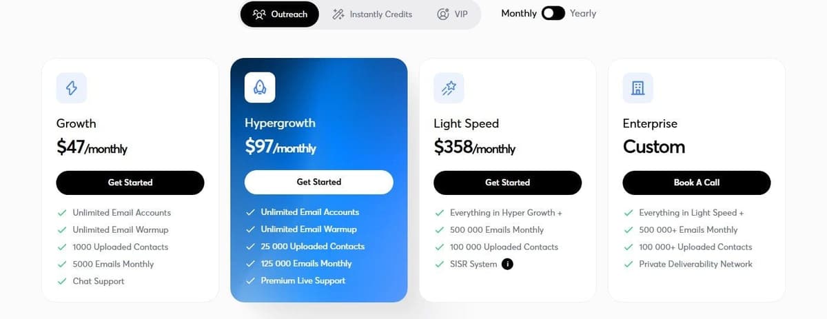 Instantly pricing page in September 2026: Growth $47, Hypergrowth $97 and Light Speed $358 a month