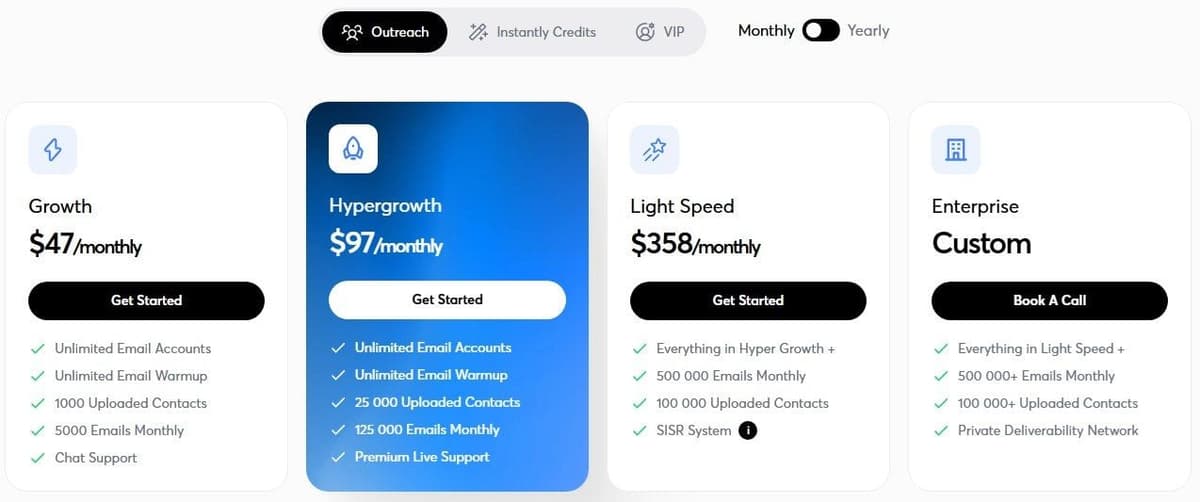 Instantly pricing page in September 2026: Growth, Hypergrowth, Light Speed and Enterprise outreach plans