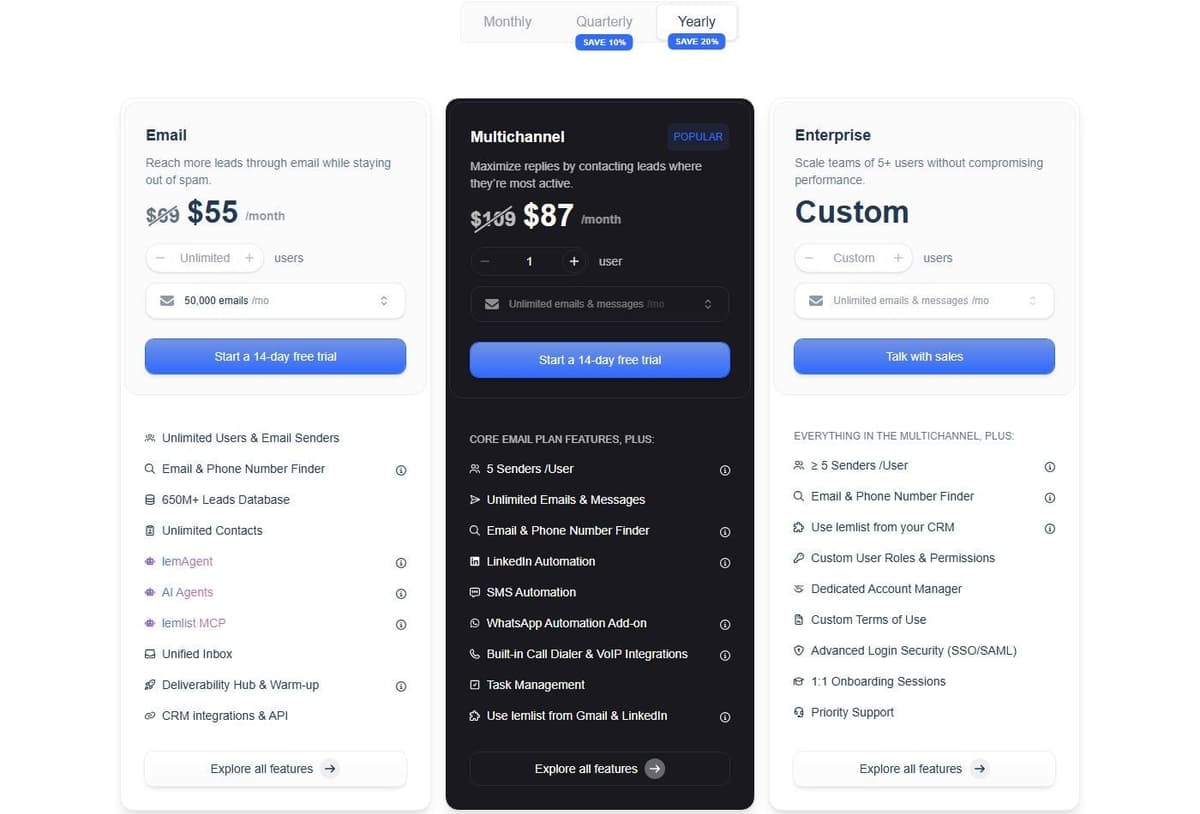 lemlist pricing page in September 2026: Email and Multichannel plans with prices in euros