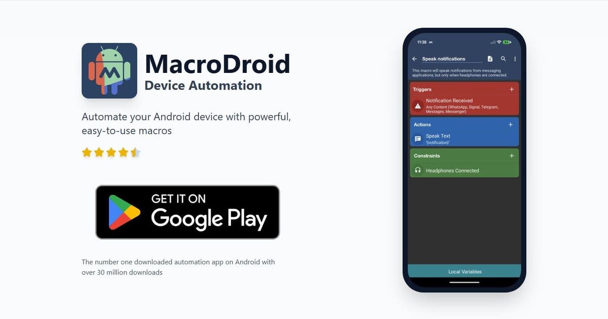 MacroDroid homepage: Android automation with triggers, actions and constraints