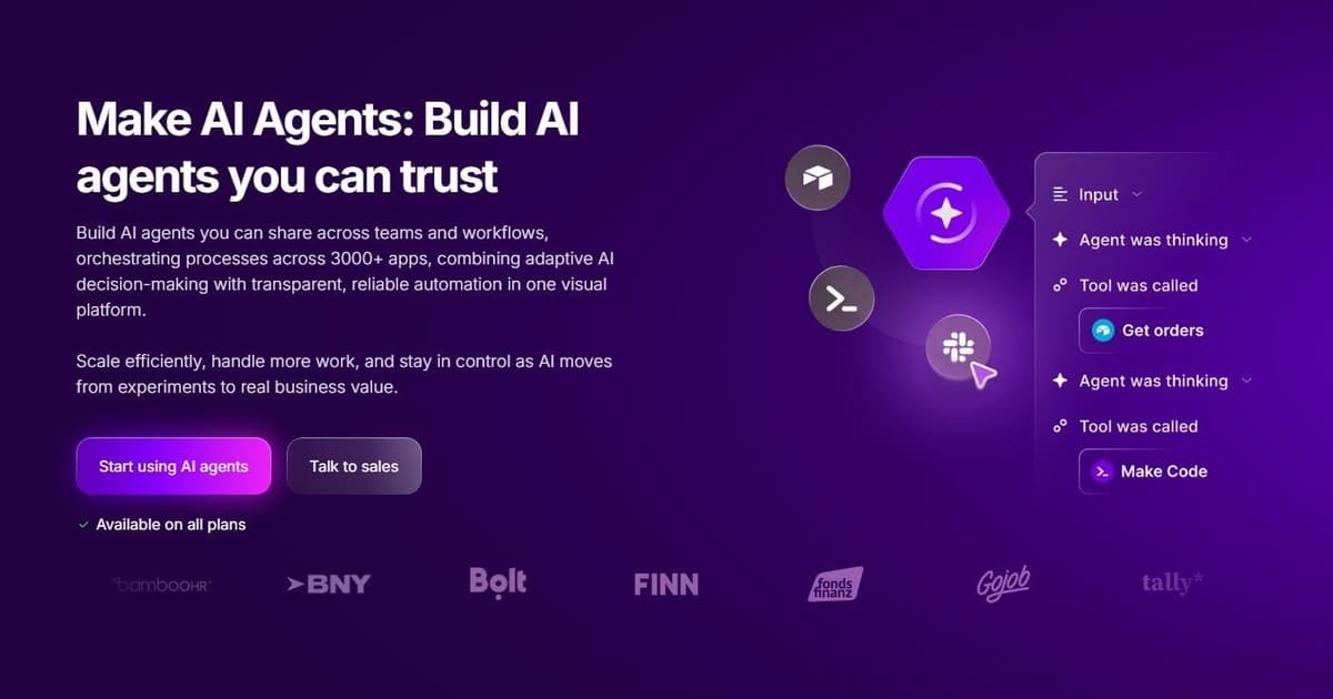 Make AI Agents page: agents available on all plans, orchestrating processes across 3,000+ apps