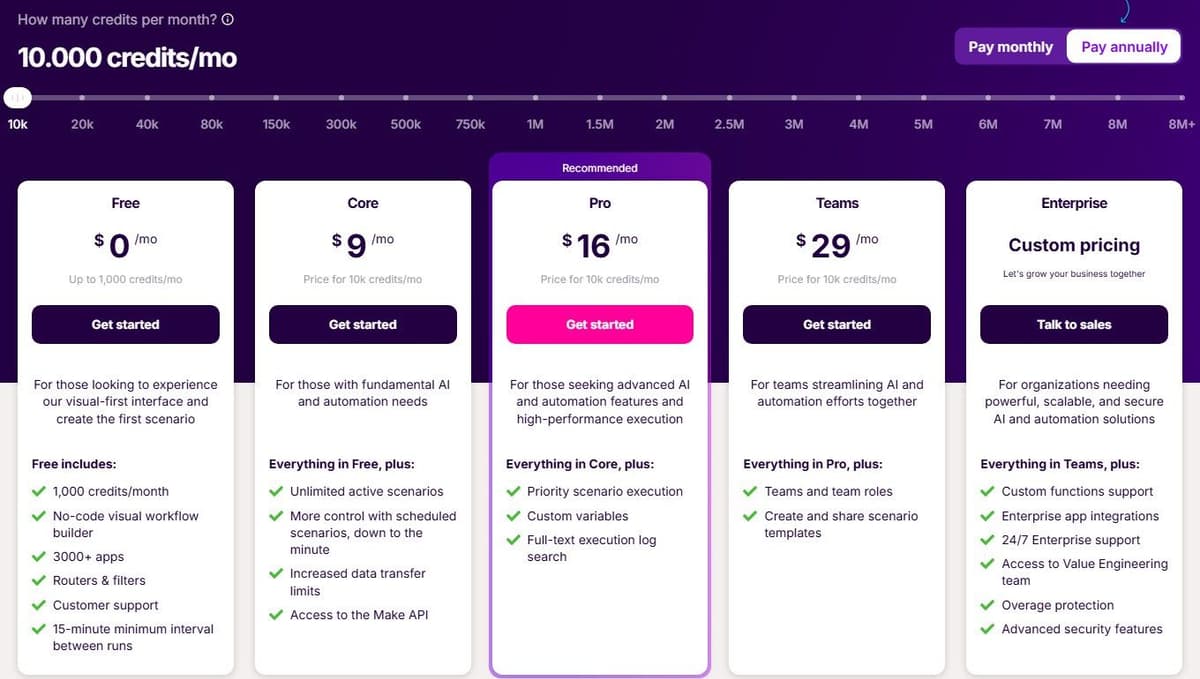 Make pricing page in September 2026: Free with 1,000 credits, Core $9, Pro $16, Teams $29 a month billed annually
