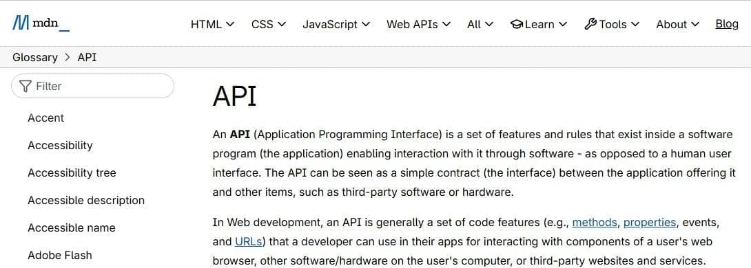 MDN Web Docs glossary entry defining API, October 2026