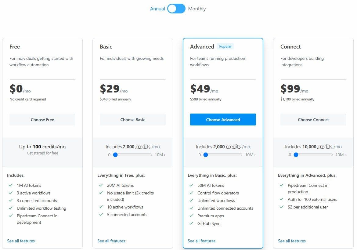 Pipedream pricing page in September 2026: Free, Basic, Advanced and Connect plans with credits per month