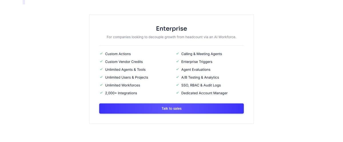Relevance AI pricing page: a single Enterprise plan with custom pricing via sales