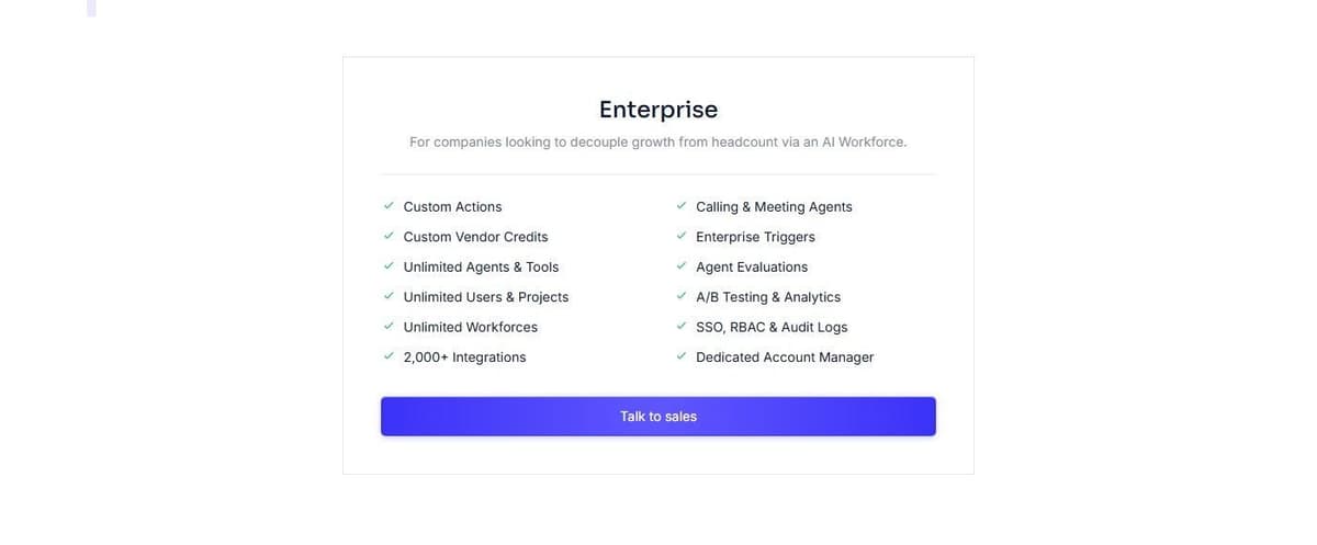 Relevance AI pricing page: a single Enterprise plan with custom pricing via sales