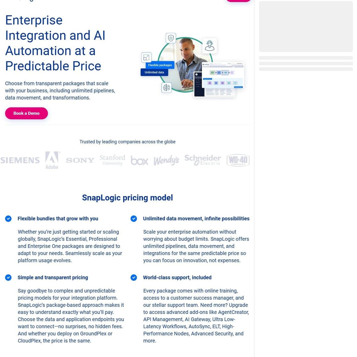 SnapLogic pricing page: Essential, Professional and Enterprise One packages