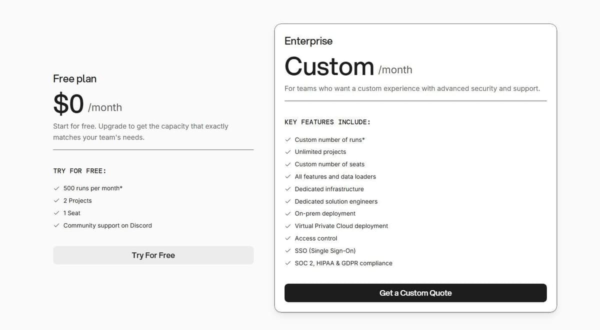 StackAI pricing page: Free with 500 runs a month and Enterprise custom