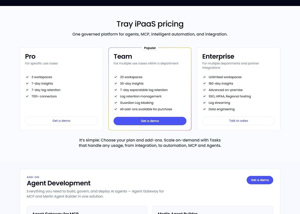 Tray.ai pricing page in October 2026