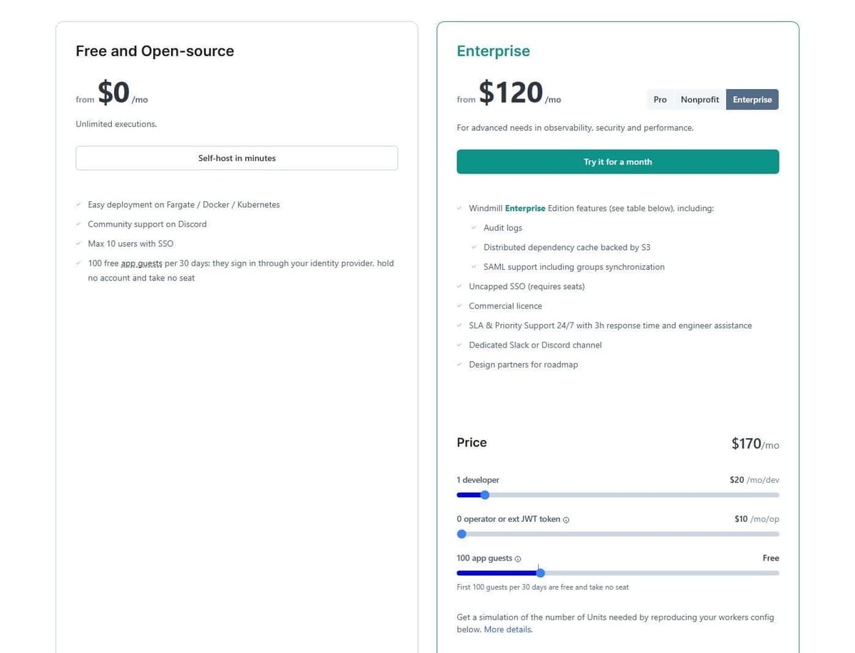 Windmill pricing page: free and open-source Community Edition with unlimited executions, Enterprise from $120 a month