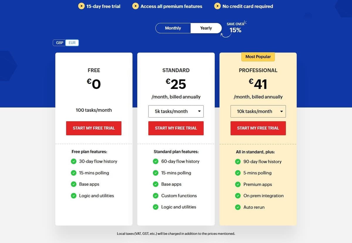 Zoho Flow pricing page: free plan with 100 tasks a month and a 15-day trial