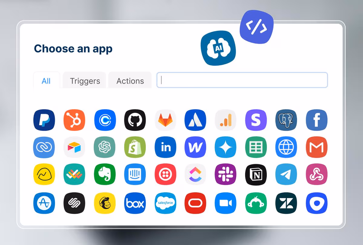 Latenode integrations picker showing 600+ apps including PayPal, HubSpot, GitHub, Shopify, LinkedIn, Slack, and more