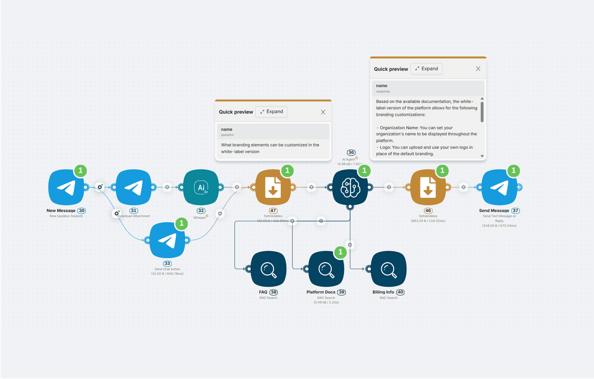 RAG workflow in Latenode — store, index, and retrieve documents for AI agents