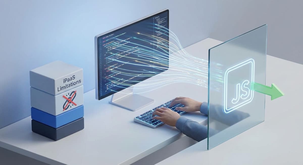 discover how custom JavaScript overcomes iPaaS limitations. Learn to build a customized iPaaS solution using Latenode's serverless functions and AI Copilot.