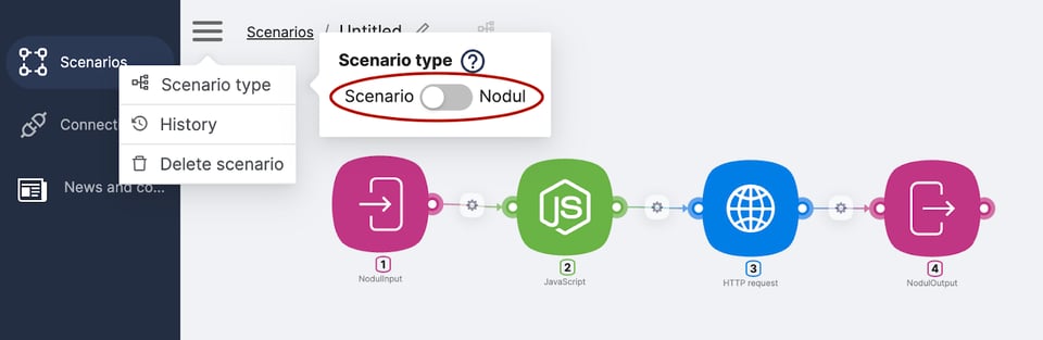 User interface showing the process of creating a sub-scenario in Latenode, with options for JavaScript and HTTP request nodes
