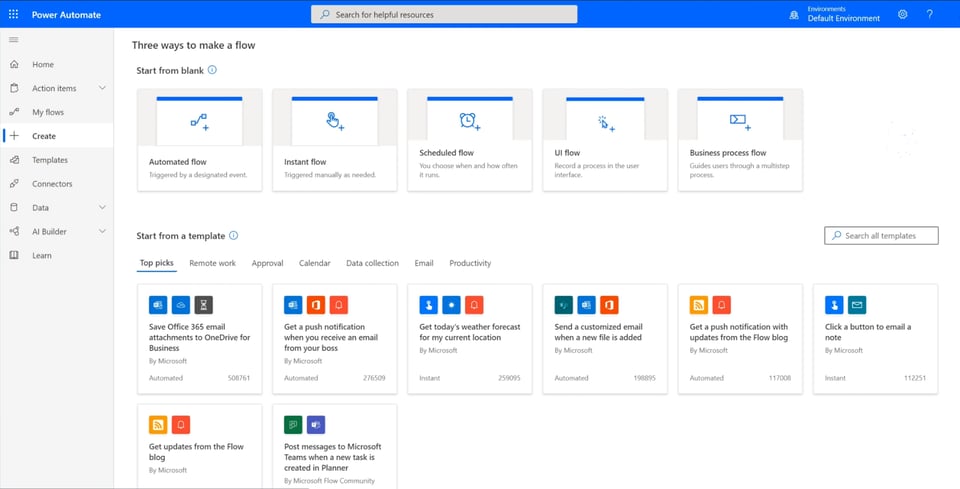 Main page of Microsoft power automate, zapier competitor