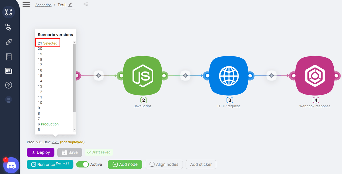 Latenode scenario dropdown for testing and controlling AI agent changes